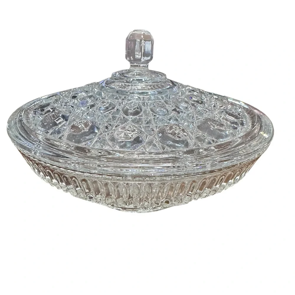 Vintage Pressed Glass Cut Crystal Candy Dish with‎ Lid